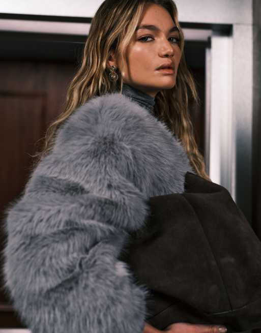 Ghospell Rylee faux fur collarless jacket in charcoal gray | ASOS