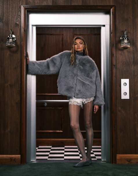 Ghospell Rylee faux fur collarless jacket in charcoal grey - view 1