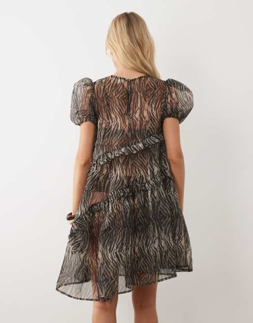 Ghospell Sana puff sleeve asymmetric drawstring detail mini dress in brown tiger, 4 of 4