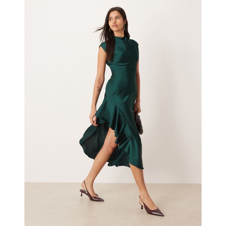 Ghospell satin high neck ruffle trim thigh split midi dress in emerald green  | ASOS