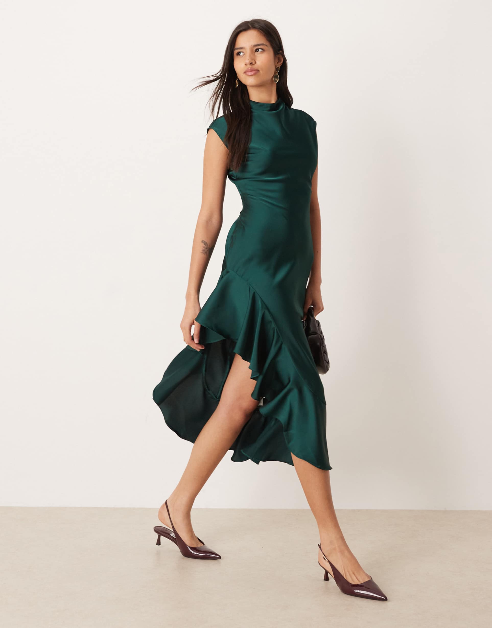 ghospell satin high neck ruffle trim thigh split midi dress in emerald green