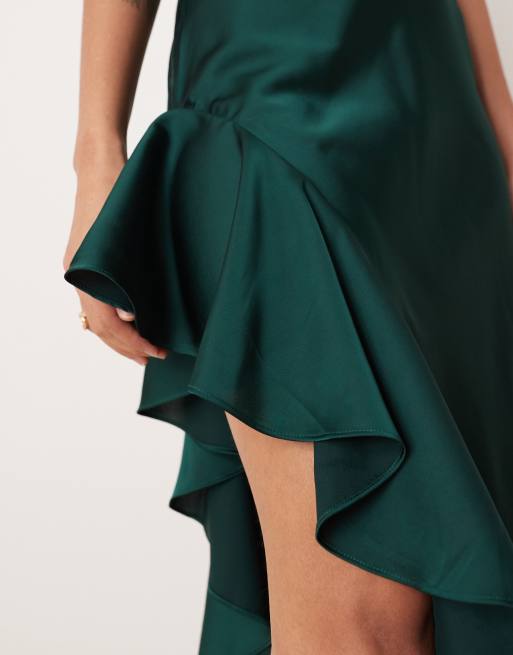 Ghospell satin high neck ruffle trim thigh split midi dress in emerald green, 4 of 4