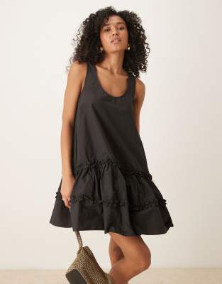 Ghospell scoop neck tiered ruffle mini dress in black - view 1