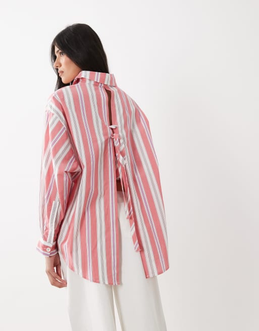 Ghospell - Scout - Camicia a maniche lunghe in cotone rosso a righe con colletto, bottoni e fiocco sul retro, 3 di 4
