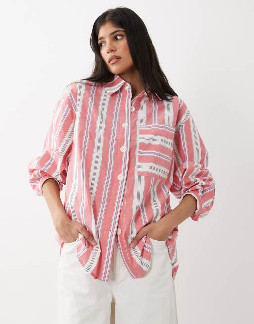 Ghospell Scout cotton collar button placket long sleeve shirt with bow back detail in red stripe, 2 of 4