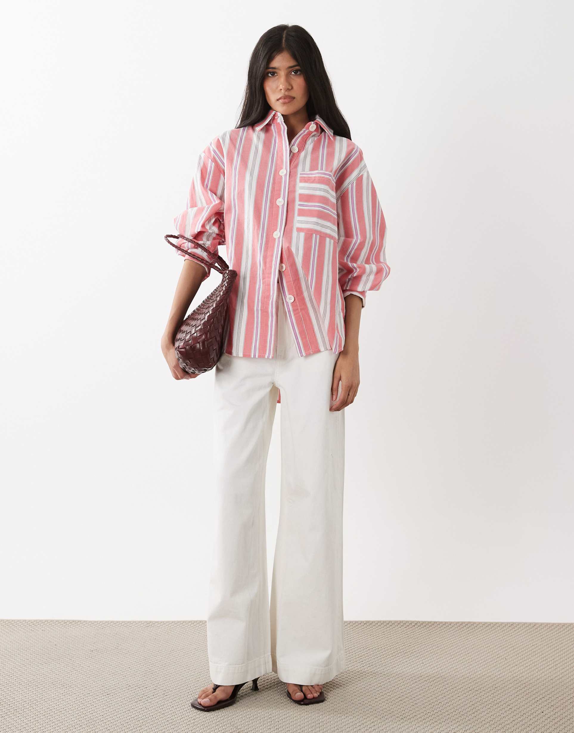 ghospell scout cotton collar button placket long sleeve shirt with bow back detail in red stripes