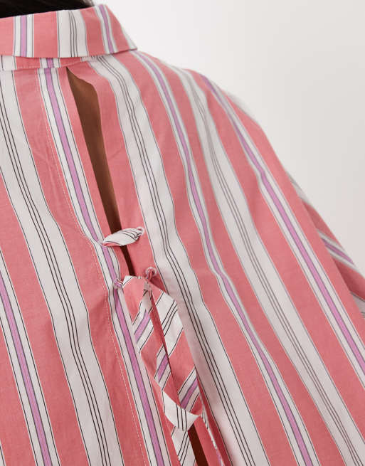 Ghospell Scout cotton collar button placket long sleeve shirt with bow back detail in red stripes, 4 of 4
