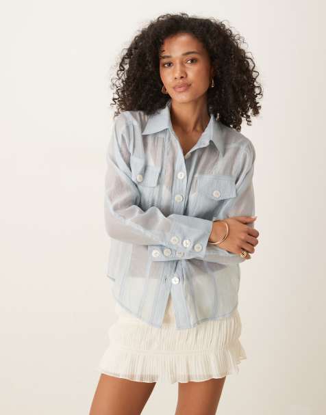Ghospell sheer organza pocket blouse in blue - view 1