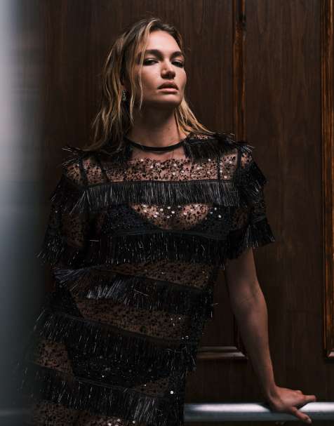 Ghospell sheer stripe sequin tassel mini T-shirt dress in black - view 1