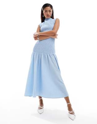 Shop Ghospell shirred drop hem midi dress in blue stripe Online – Trendy & Affordable Fashion