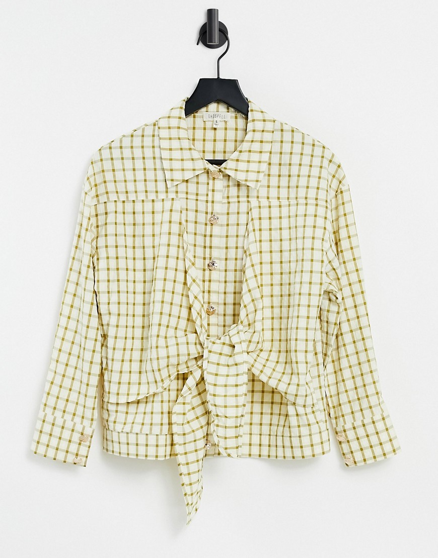 Ghospell shirt with waist tie detail in yellow check-Green