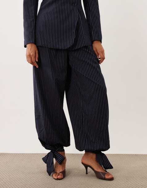 Ghospell Sienna ankle tie detail balloon trouser co-ord in navy pinstripe - view 1