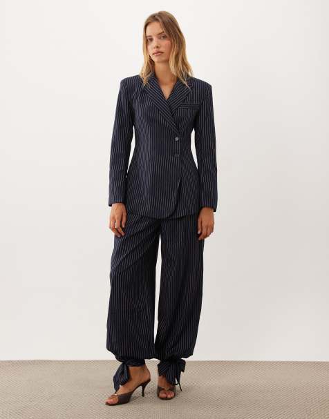 Ghospell Sienna single breasted blazer co-ord in navy pinstripe - view 1