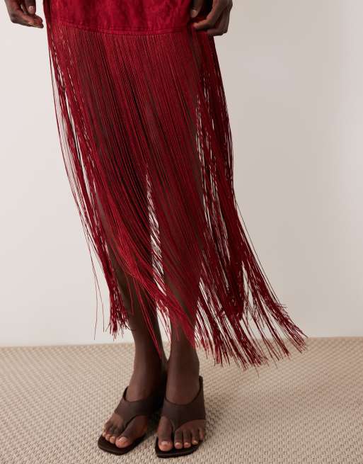Ghospell sleeveless fringe mini dress with tie back detail in red, 4 of 4