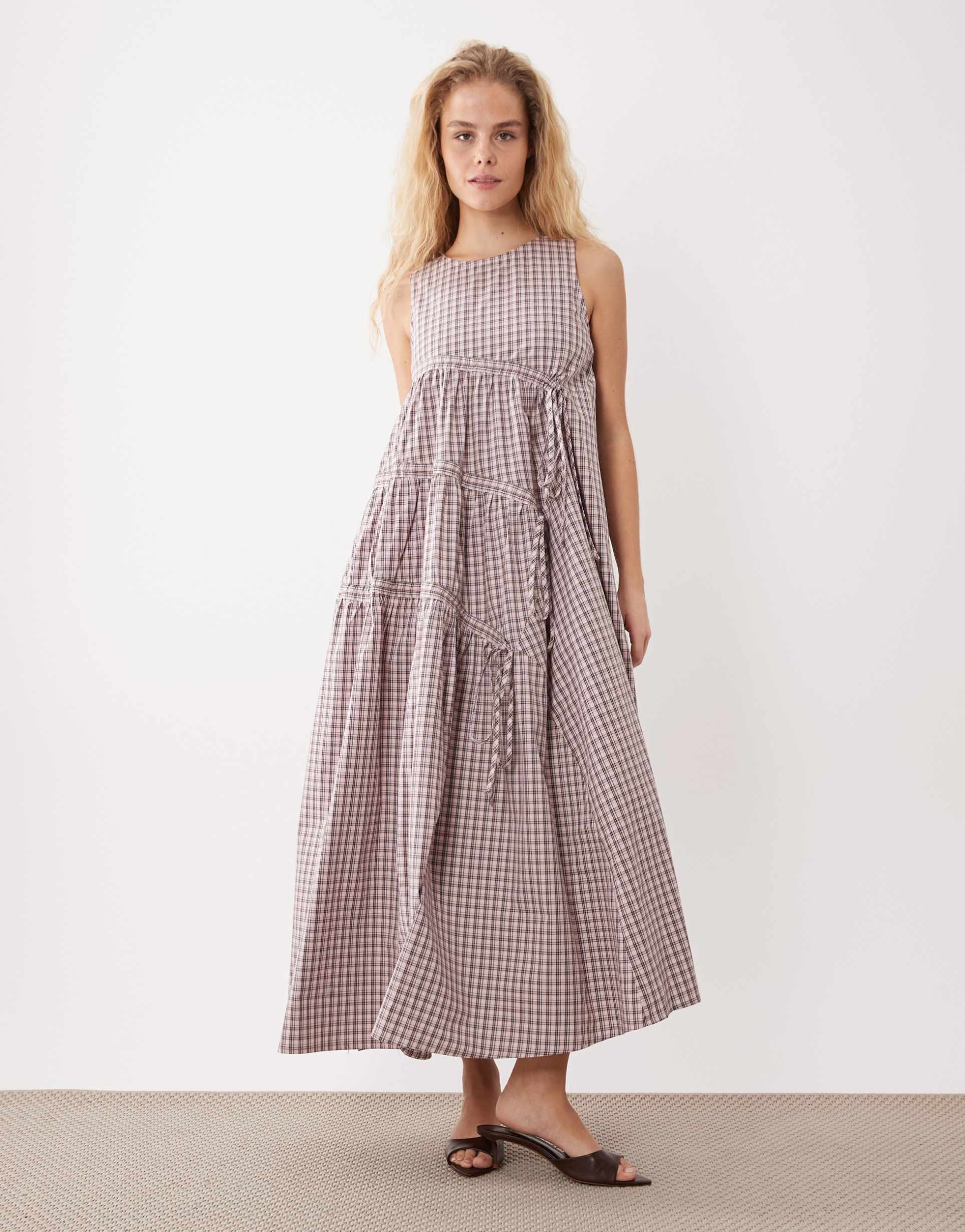 ghospell sleeveless ruched midi dress in pink gingham