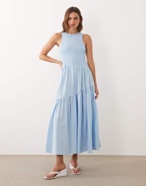 Ghospell sleeveless shirred bodice asymmetric detail tiered skirt midi dress in light blue pinstripe - view 1