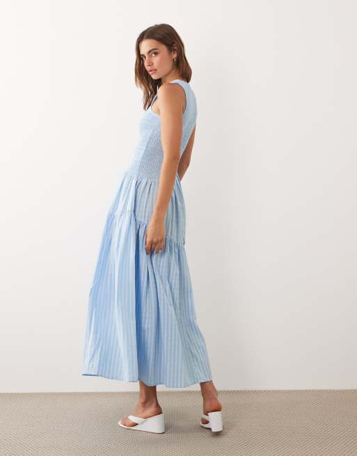 ghospell blue dress Ghospell Ghospell denim ruffle midaxi dress in Blue - Blue - L