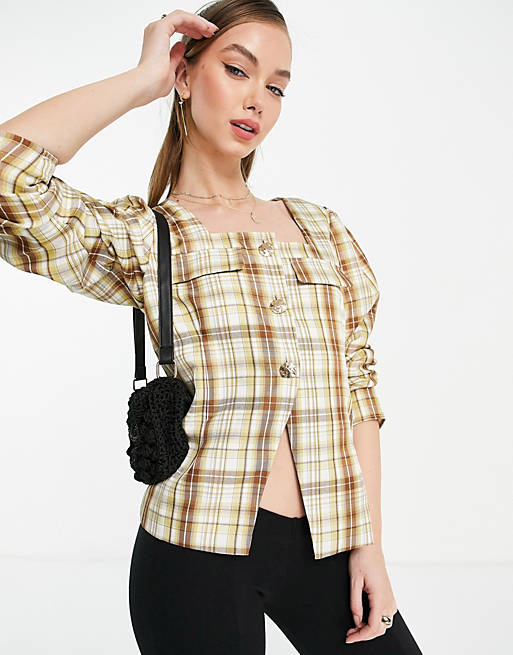 Ghospell square neck blouse in beige check co-ord