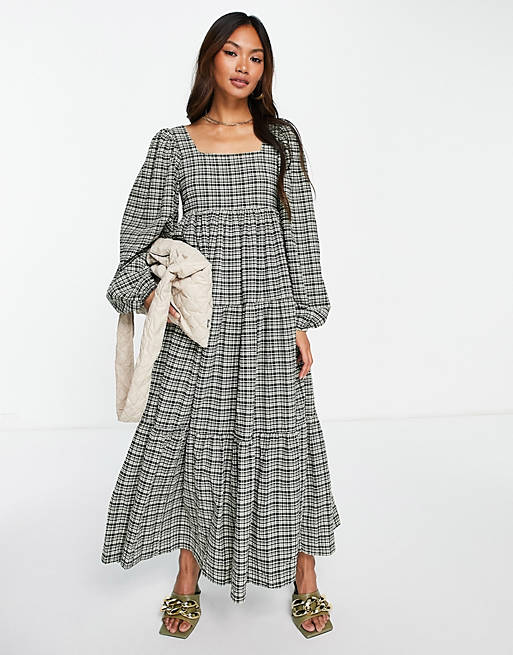  Ghospell square neck tiered maxi dress in check 