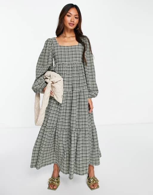 Square neck 2025 check dress