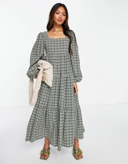 Ghospell square neck tiered maxi dress in check | ASOS