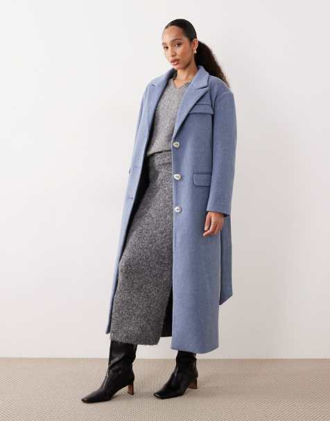 Ghospell - Støvet blå longline formel blazer-frakke med bælte og uldlook - view 1