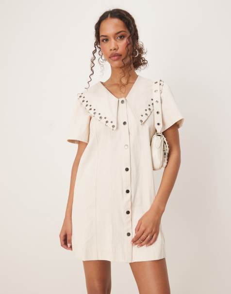 Ghospell mini dress with oversized collar in Ecru