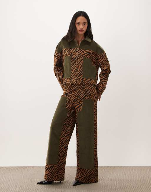 Ghospell Suzu cord panel detail zip up jacket and jeans co-ord in orange zebra print, 2 of 3