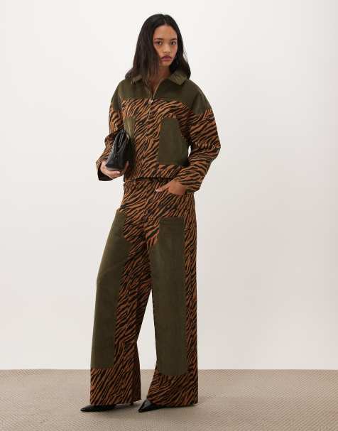 Ghospell Suzu cord panel detail zip-up jacket and jeans set in orange zebra print - view 1