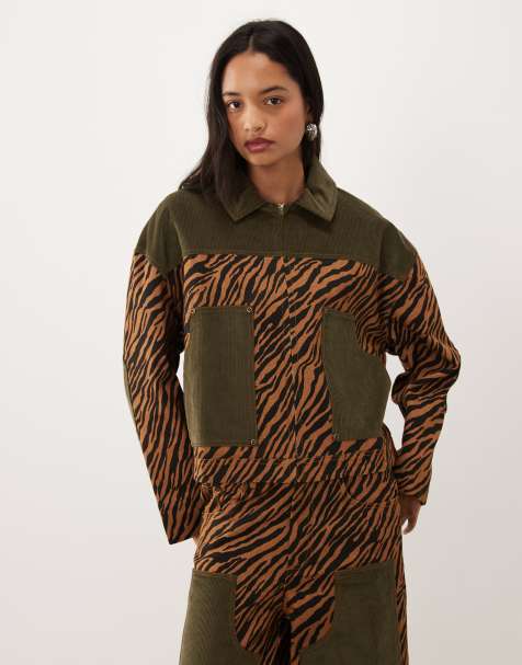 Ghospell Suzu cord panel detail zip-up jacket in orange zebra (Part of a set) - view 1