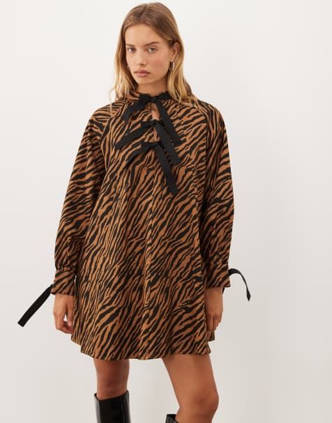 Ghospell Suzu cotton bow detail mini dress in orange zebra print - view 1