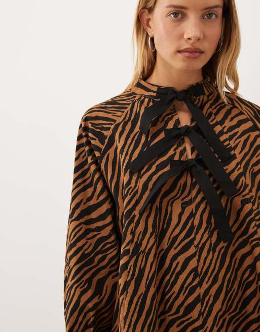Ghospell Suzu cotton bow detail mini dress in orange zebra print, 2 of 4