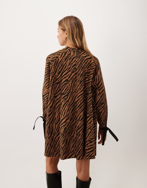 Ghospell Suzu cotton bow detail mini dress in orange zebra print, 3 of 4