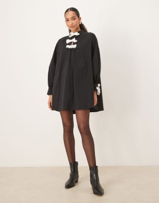 Ghospell Swing Mini Dress With Bow Detail In Black
