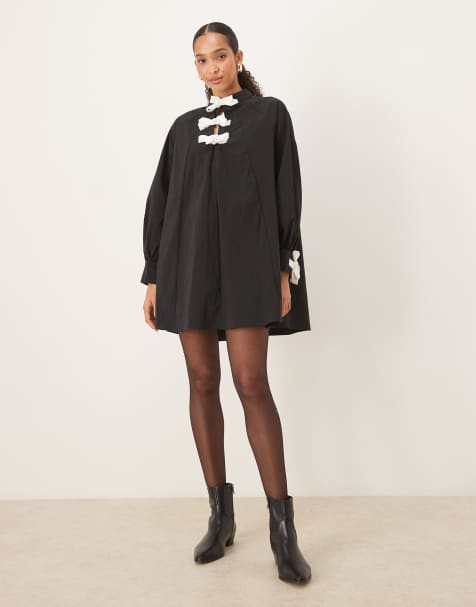 Ghospell swing mini dress with bow detail in mono
