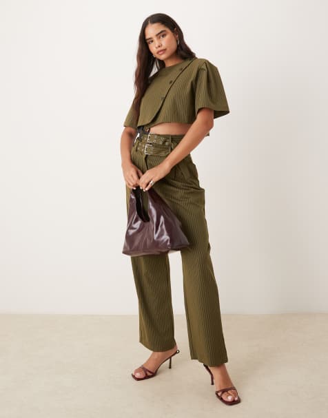Ghospell tailored double buckle set in green pinstripe - view 1