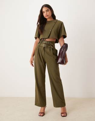 Ghospell Tailored High Rise Double Buckle Pants In Green