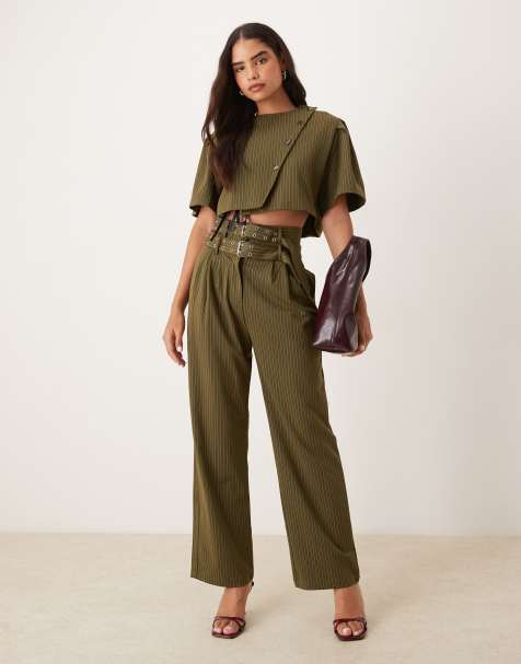 Ghospell tailored high waisted double buckle trouser co-ord in green pinstripe