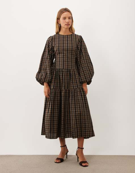Ghospell Tamara cotton round neck blouson sleeve midi dress in olive check - view 1