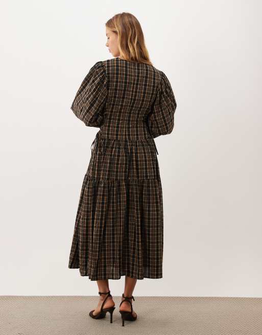 Ghospell Tamara cotton round neck blouson sleeve midi dress in olive check, 2 of 4