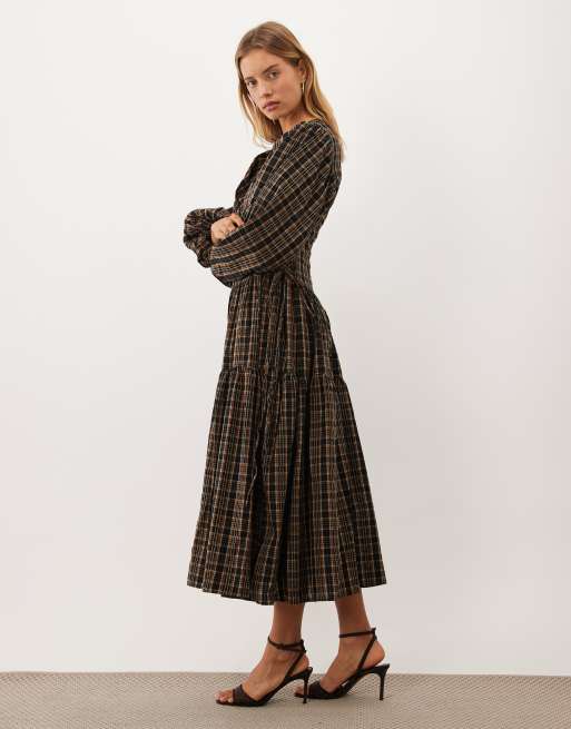 Ghospell Tamara cotton round neck blouson sleeve midi dress in olive check, 3 of 4