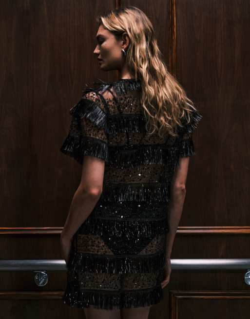 Ghospell Tana sheer stripes sequined tassels mini t-shirt dress in