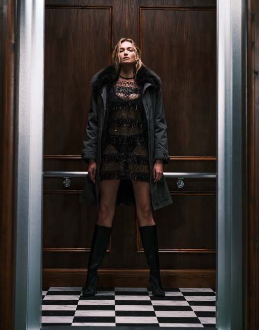 Ghospell Tana sheer stripes sequined tassels mini t-shirt dress in black