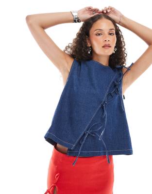 Teo asymmetric bow top in dark denim-Blue