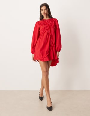 Ghospell textured cotton blend asymmetric ruched detail mini dress in red