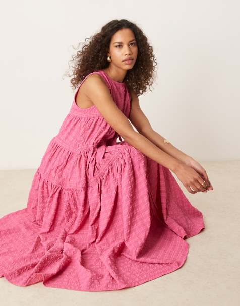 Ghospell textured ruched midi dress in fuchsia pink - view 1