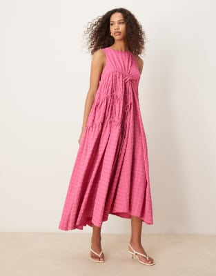 Ghospell Textured Ruched Midi Dress In Pink