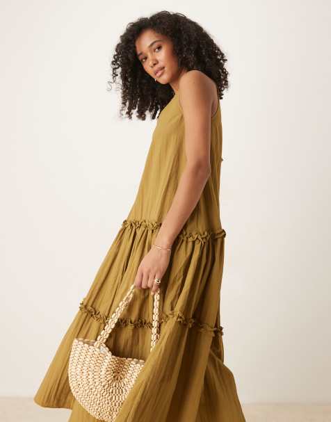 Ghospell tiered ruffle midaxi dress in olive - view 1