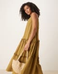 [Ghospell] Ghospell tiered ruffle midaxi dress in olive-Green S Olive
