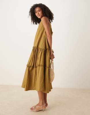 Ghospell Tiered Ruffle Midaxi Dress In Green